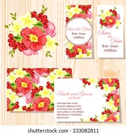 Wedding invitation cards with floral elements.