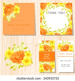 Wedding invitation cards with floral elements.