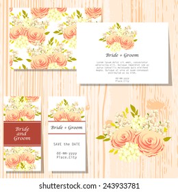 Wedding invitation cards with floral elements.