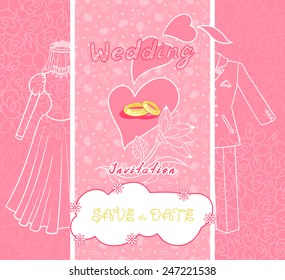 Wedding invitation cards with floral elements. Vector cards design. Wedding invitation, save the date. Vintage labels. Hand drawn floral ornaments with flowers and rings. 