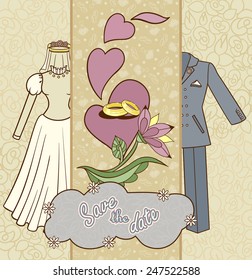 Wedding invitation cards with floral elements. Vector cards design. Wedding invitation, save the date. Vintage labels. Hand drawn floral ornaments with flowers and rings. 