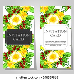 Wedding invitation cards with floral elements.