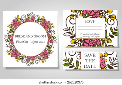 Wedding invitation cards with floral elements.