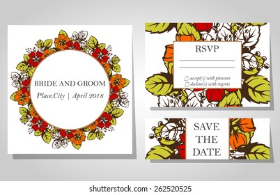 Wedding invitation cards with floral elements.