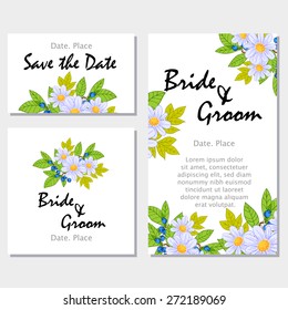 Wedding invitation cards with floral elements.