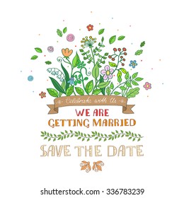 Wedding invitation cards with floral elements. Vector cards design. Wedding invitation, save the date. Vintage labels. Hand drawn floral ornaments. 
