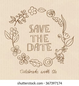 Wedding invitation cards with floral elements. Vector cards design. Wedding invitation, save the date. Vintage labels. Hand drawn floral ornaments. Outline.
