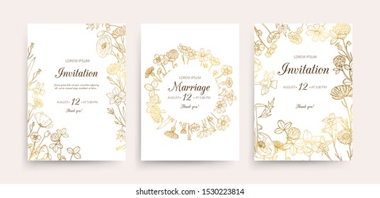 Wedding invitation cards. Floral wedding flyers with wildflowers. Hand drawn gold flowers vintage invitations template