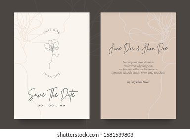 Wedding invitation cards with flower line art  and simple background