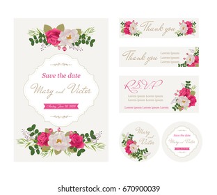 Wedding invitation cards with flower.Beautiful white peony and pink roses. Template collection.  (Use for Boarding Pass, invitations, thank you card.) Vector illustration. EPS 10
