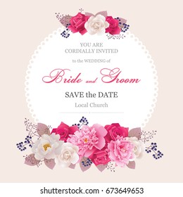 Wedding invitation cards with flower.Beautiful white and pink peonies, red and white roses. (Use for Boarding Pass, invitations, thank you card.) Vector illustration. EPS 10
