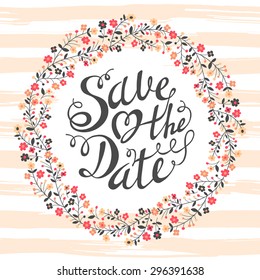 Wedding invitation cards with flowers and calligraphic letters. Save the date design. Hand drawn vector illustration.