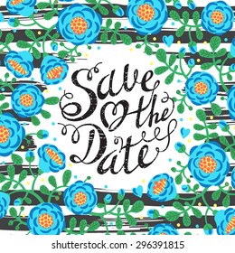 Wedding invitation cards with flowers and calligraphic letters. Save the date design. Hand drawn vector illustration.