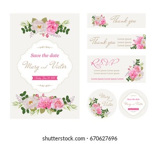 Wedding invitation cards with flower.Template collection. Beautiful peonies and roses.(Use for Boarding Pass, invitations, thank you card.) Vector illustration. EPS 10
