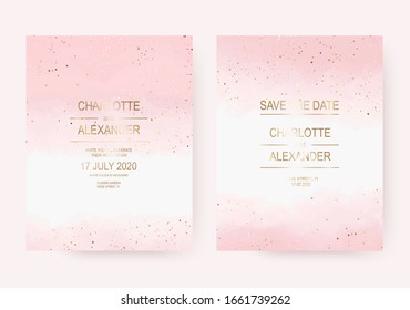 Wedding Invitation Cards With Gold Dust And Pink Watercolor Texture.