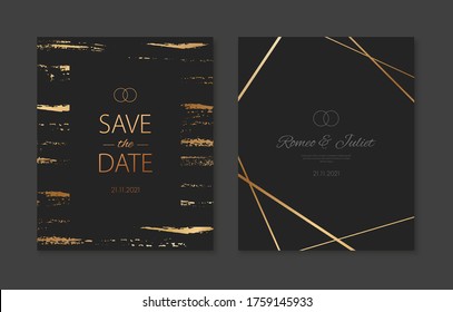 Wedding invitation cards with gold geometric polygonal patterns. Vector black luxury invite with gold metallic effect