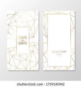 Wedding invitation cards with gold geometric polygonal design elements. Vector luxury invite