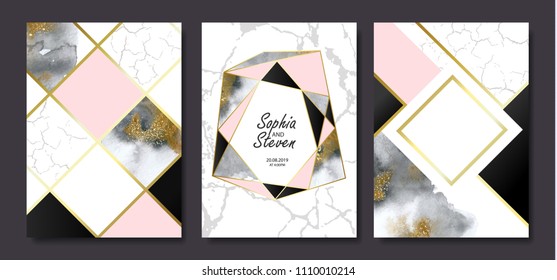 Wedding invitation cards with gold and grey marble watercolor texture and geometric shapes.Vector illustration