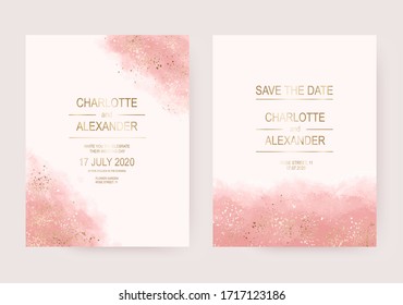 Wedding invitation cards with gold splatter and pink watercolor texture.