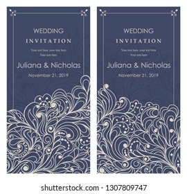 Wedding invitation cards.  Hand drawn floral doodle background. Flowers Pattern. Retro ornament. Summer ornament. Vector illustration.