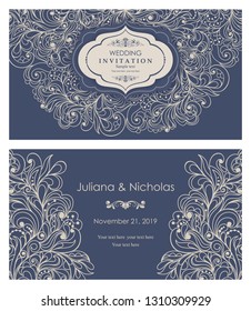 Wedding invitation cards.  Hand drawn floral doodle background. Flowers Pattern. Retro ornament. Summer ornament. Vector illustration.