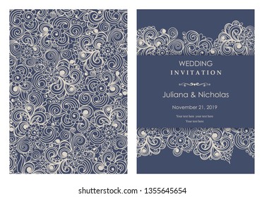 Wedding invitation cards.  Hand drawn floral doodle background. Flowers Pattern. Retro ornament. Summer ornament. Size: 5" x 7". The front and back side. Vector illustration.