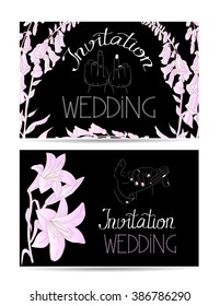 Wedding invitation cards with hand drawn bride and groom's hands and flowers