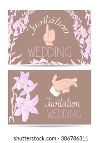 Wedding invitation cards with hand drawn bride and groom hands and flowers