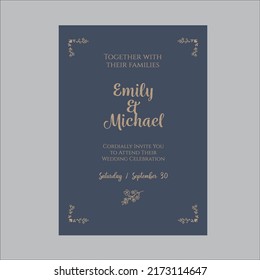 Tarjetas de invitación de matrimonio con fondo índigo y vector de diseño de línea geométrica de oro.