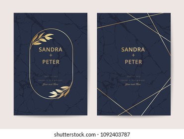 Wedding invitation cards with indigo marble texture background and gold geometric  line design vector.