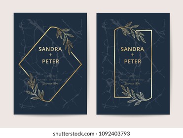 Wedding invitation cards with indigo marble texture background and gold geometric  line design vector.