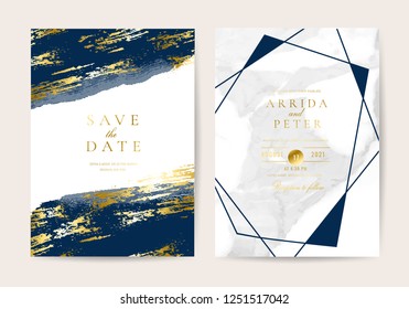 Wedding invitation cards with indigo marble texture background and gold geometric  line design vector.