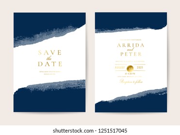 Wedding invitation cards with indigo  marble texture background and gold geometric  line design vector.