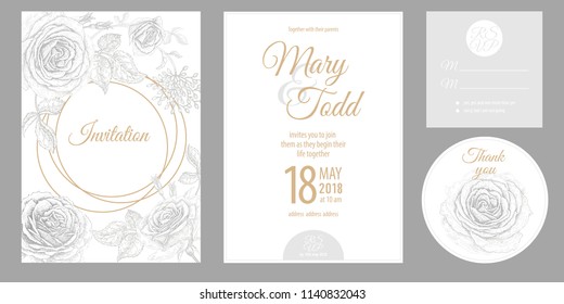 Wedding Invitation Cards. Invite, Thank You, Rsvp Templates. Decoration With Garden Flowers Roses, Branches, Frame Pattern. Floral Vector Illustration Set. Vintage. Oriental Style. Gold, White, Black.