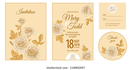 Wedding invitation cards. Invite, thank you, rsvp templates. Decoration with garden flowers roses, branches, frame pattern. Floral vector illustration set. Vintage. Oriental style. Gold, white, black.