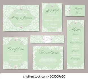 Wedding invitation cards with lace decorations and pearl