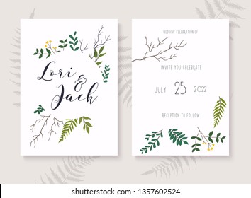 Wedding invitation cards with leafs. Save the date.  Vector illustration.