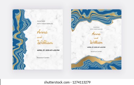 Wedding invitation cards with liquid marble texture. Blue with golden glitter ink painting background. Trendy templates for banner, flyer, poster, save the date, greeting
