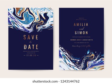 Wedding invitation cards with Luxury gold and indigo navy marble texture background and Abstract ocean style vector design template