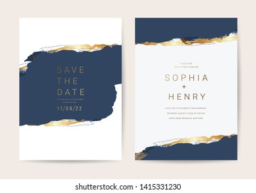 Wedding invitation cards with Luxury gold and indigo navy marble texture background and Abstract ocean style vector design template