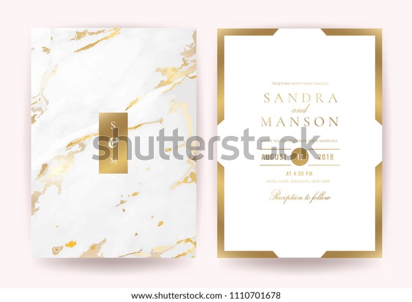 Wedding\
invitation cards with Luxury gold marble texture background and\
geometric pattern vector design\
template