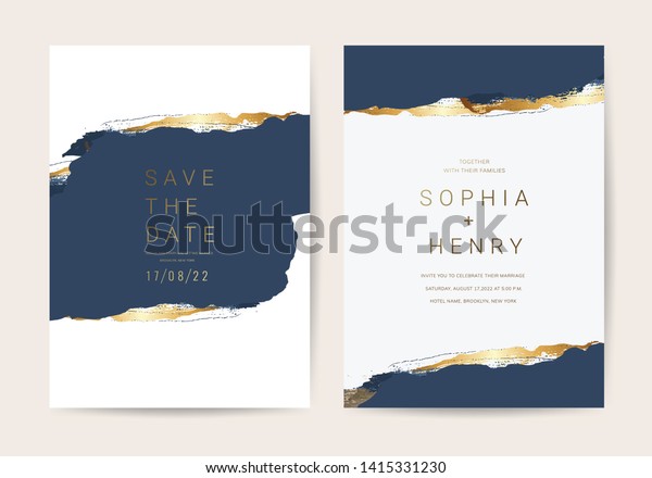 Wedding invitation cards with Luxury gold and\
indigo navy marble texture background and Abstract ocean style\
vector design template