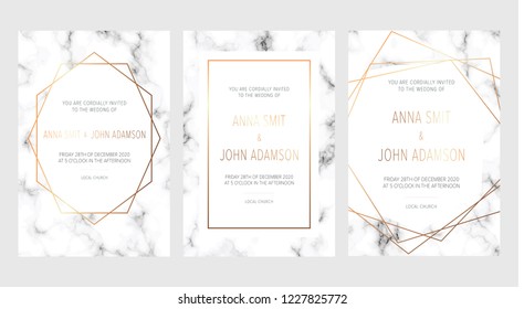 Wedding invitation cards with luxury marble texture background and geometric pattern vector design template. Trendy wedding card. All elements are isolated and editable.