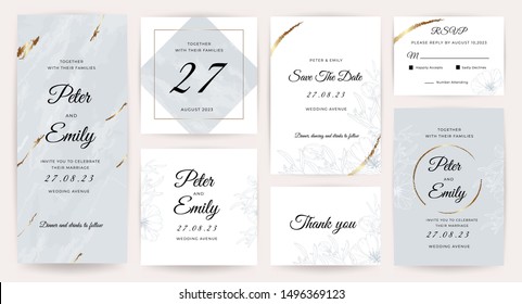 Wedding invitation cards with marble, floral and gold texture background. Set of invite card, RSVP, Thank you card, Save The Date card vector collection.