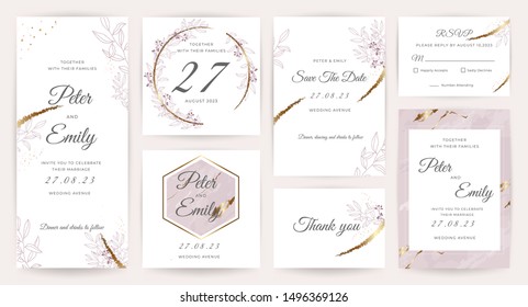 Wedding invitation cards with marble, floral and gold texture background. Set of invite card, RSVP, Thank you card, Save The Date card vector collection.