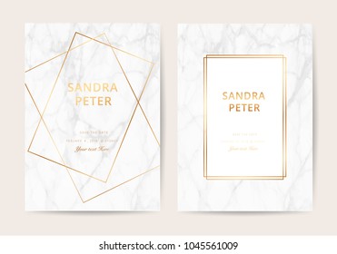 Wedding invitation cards with marble texture background and gold geometric  line design vector.