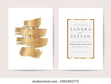 Wedding invitation cards with marble texture background and gold geometric  line design vector.