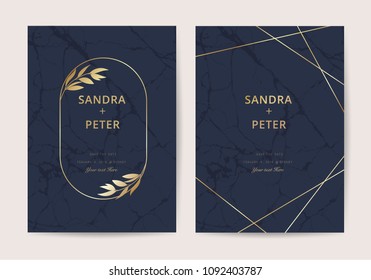 Wedding invitation cards with marble texture background and gold geometric line design vector. Wedding invitation cards with marble texture background and gold geometric line design vector.