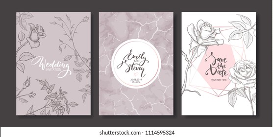 Wedding invitation cards with marble texture and hand drawn roses.Floral poster, invite. Vector decorative greeting card,invitation design background.