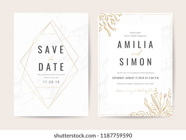 Tarjetas de invitación de matrimonio con fondo de textura de mármol y vector de diseño de línea geométrica de oro.